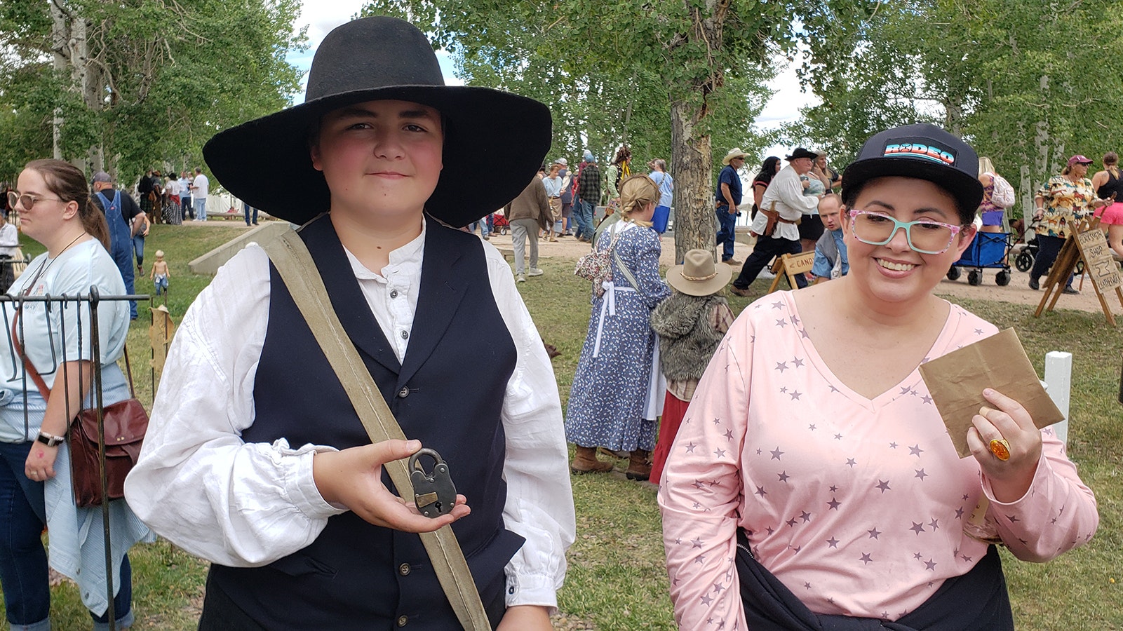 Paden Hamilton with his mom, Leslie Hamilton. Paden is in period dress as an 1850s child. Leslie, meanwhile, is seeking a Southern belle dress to wear to next year's Fort Bridger Rendezvous.
