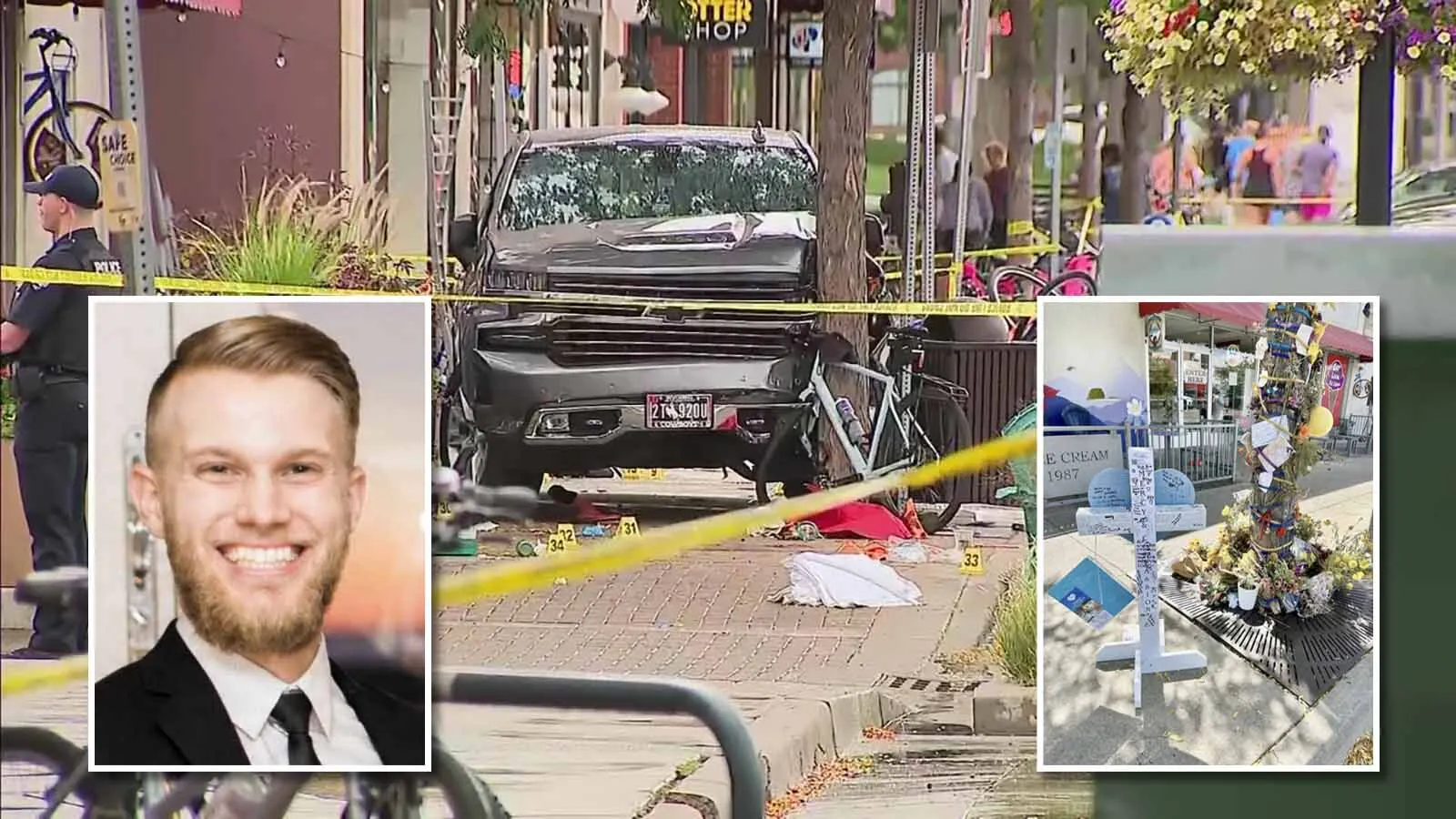 The site in front of a Fort Collins, Colorado, ice cream shop where Denver man Josh Douglass was killed Aug. 29, 2026, when a Chevy Silverado jumped the curb and plowed into a group of pedestrians.