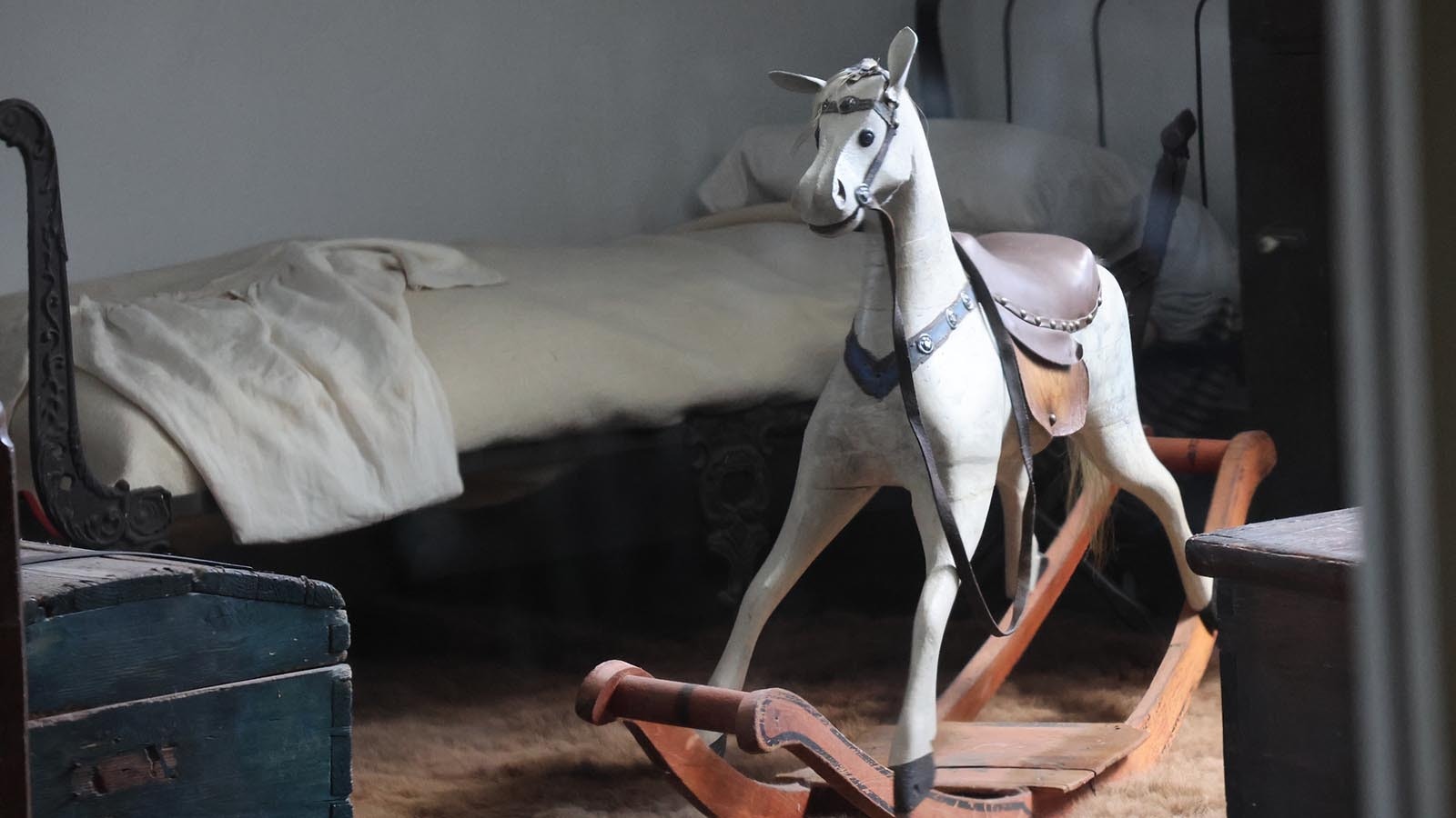 A wooden horse in a child’s bedroom on the second floor of the Captain’s Quarters at Fort Laramie.