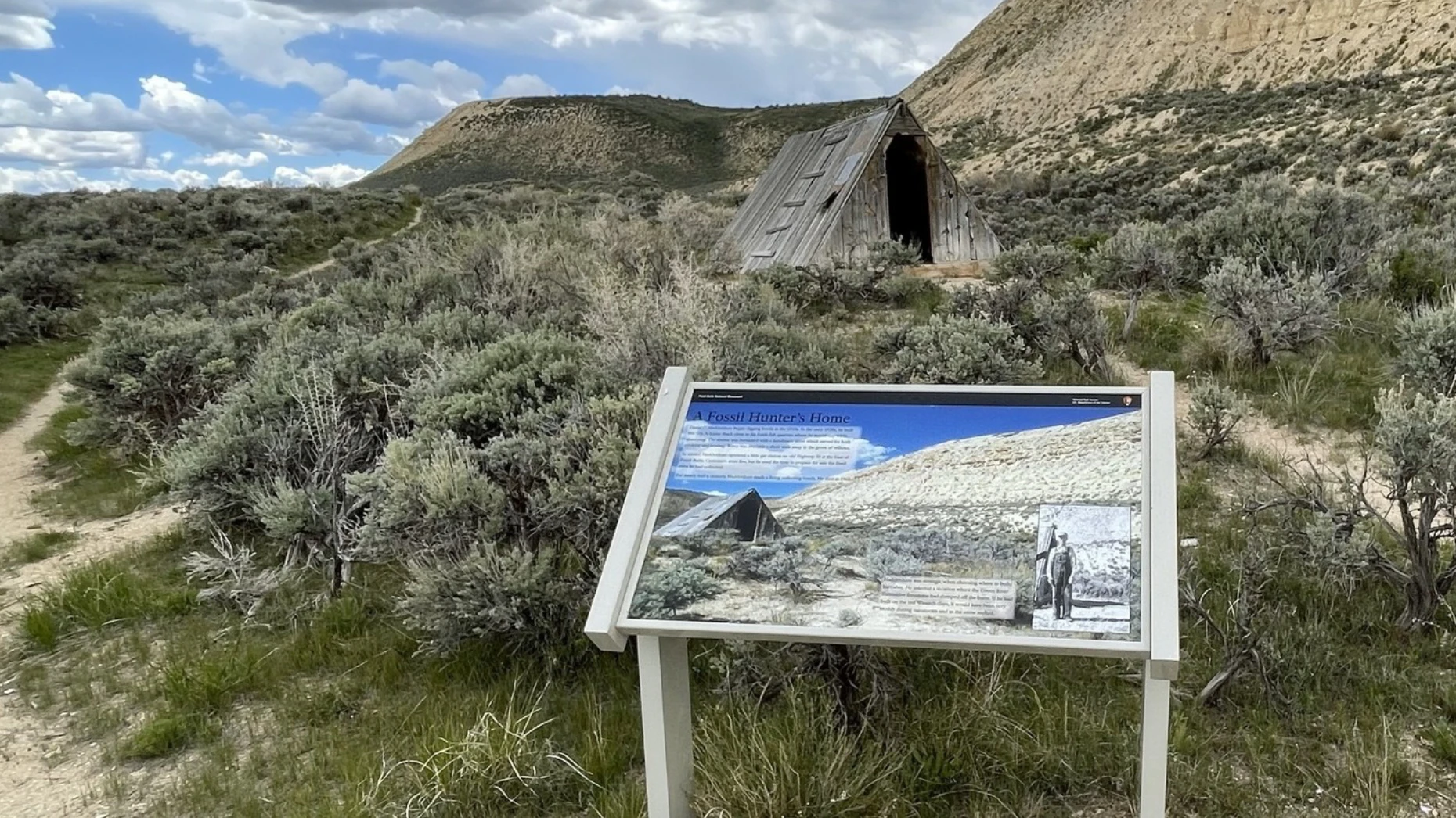 David Haddenham’s A-frame at Fossil Butte was built in 1918. This photo was taken before it was covered by the National Forest Service to protect it from weather at the site.