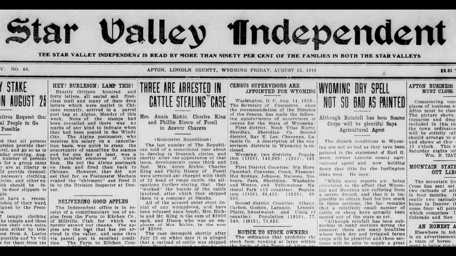 The Star Vallen Independent on Aug. 15, 1919, covered the arrest of Anna Richey for cattle rustling. The article mentioned David Haddenham has one animal that was among those whose brands were reworked and sent to Omaha for slaughter.