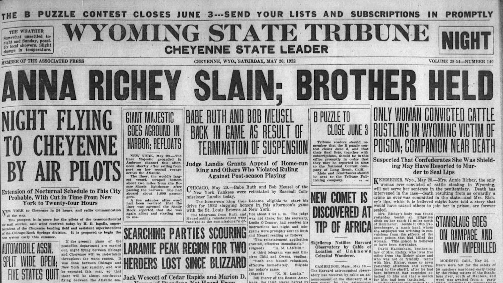 The Wyoming State Tribune used a banner headline to announce Anna Richey’s death and David Haddenham’s surrender to authorities.