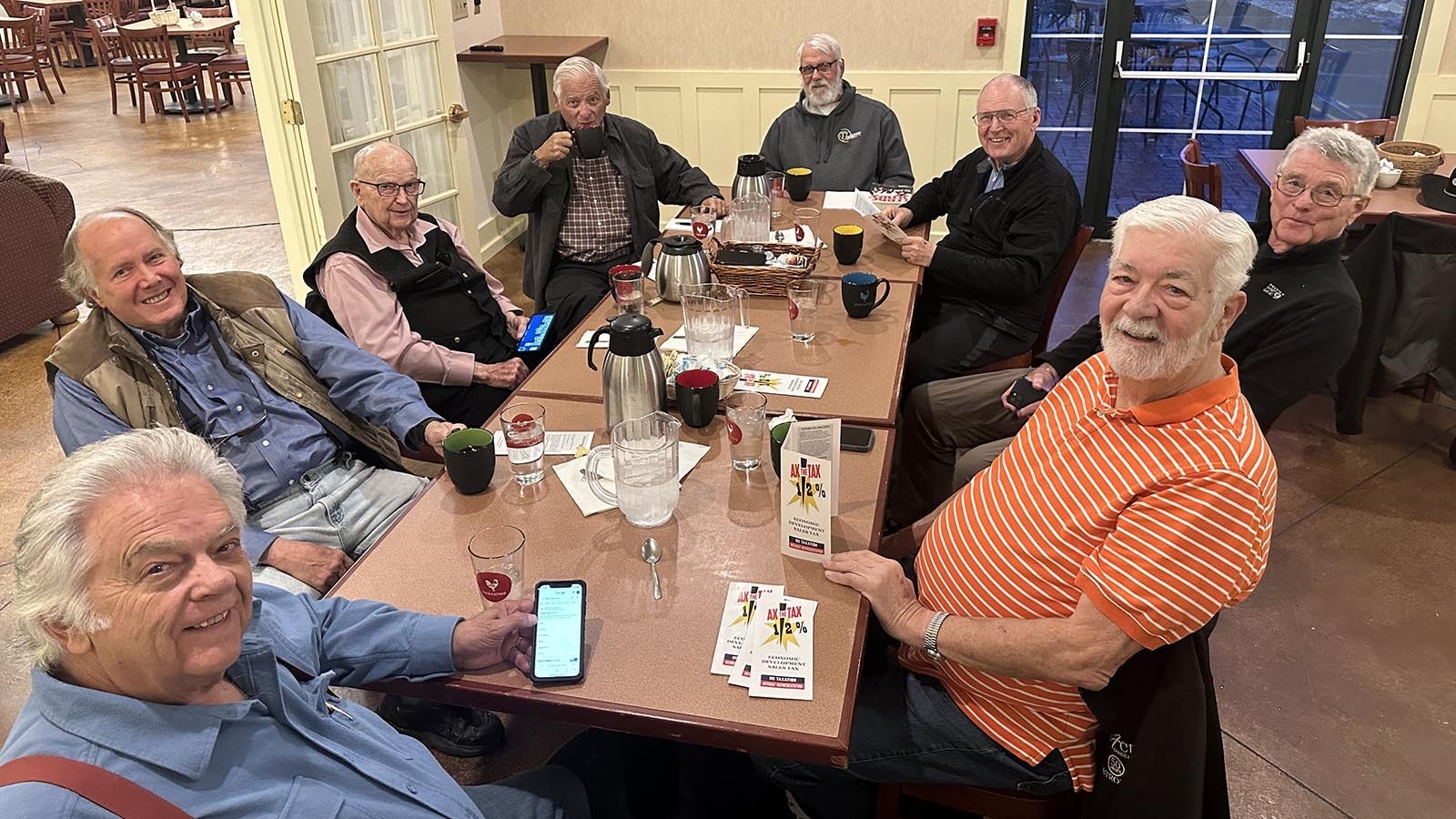 A long-running coffee group in Lander is known as the Fox News All-Stars. Around the table from front clockwise they are: Joe Kenney, Stan Cannon, Del McOmie, Bill Sniffin, Tony McRae, Tom Cox, Dean McKee and Charlie Krebs.