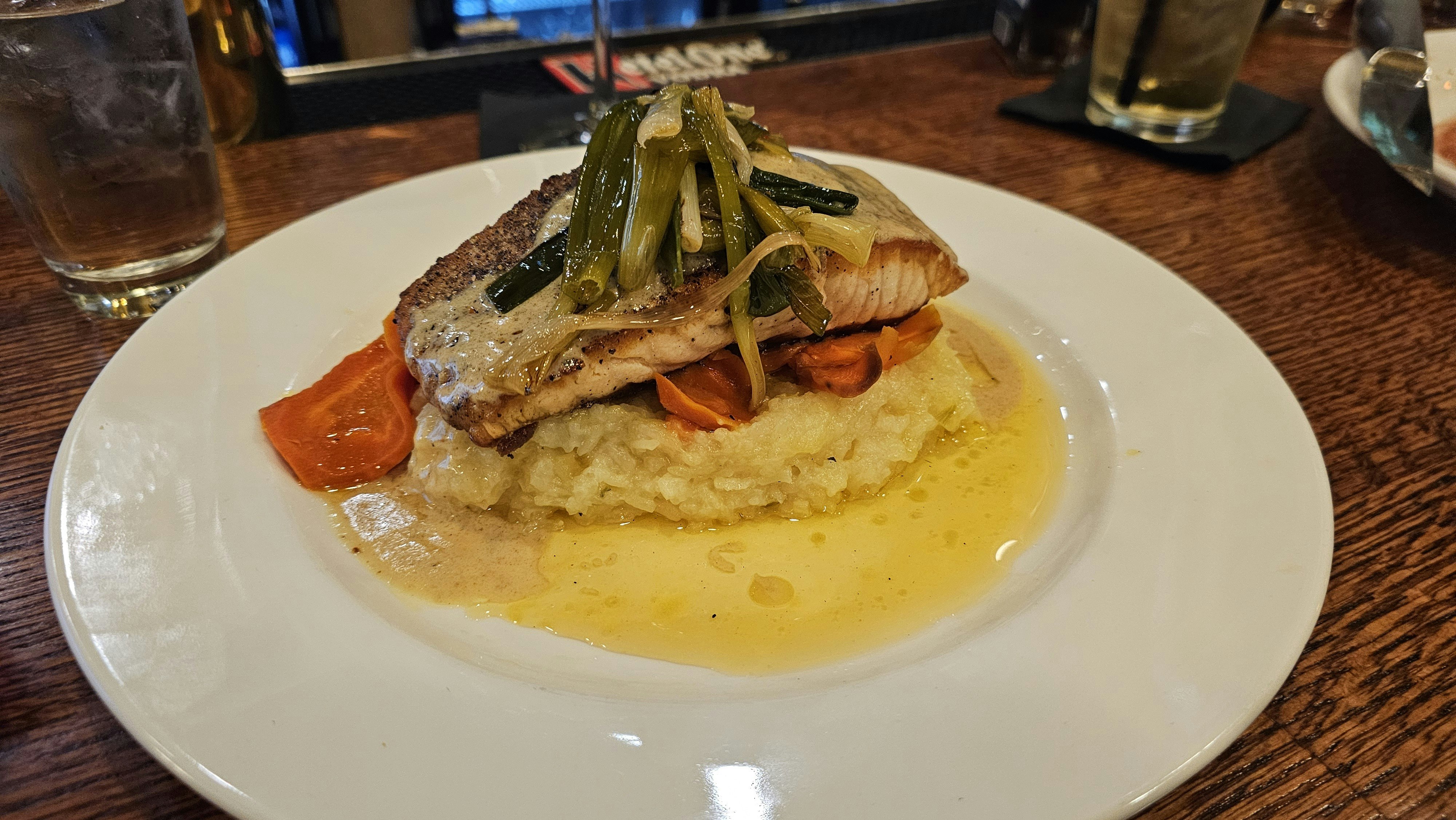 Salmon over mashed potatoes and carrots at Frackelton's in Sheridan.