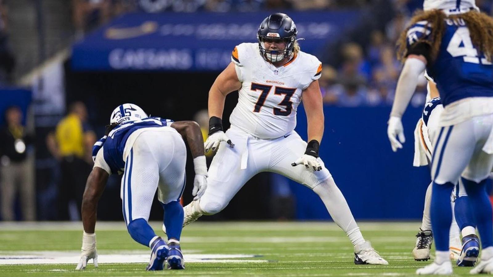 Former Universtiy of Wyoming standout Frank Crum, a 6-foot-7, 315-pound rookie, has made the 2024 Denver Broncos roster. He's seen here during a preseason game against the Indianapolis Colts.