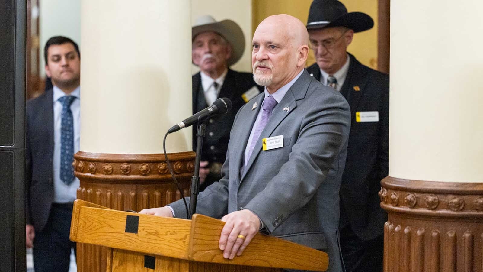 Freedom Caucus Chairman Emeritus Rep. John Bear, R-Gillette, during a Feb. 11, 2025, press conference at the Wyoming Capitol in Cheyenne.