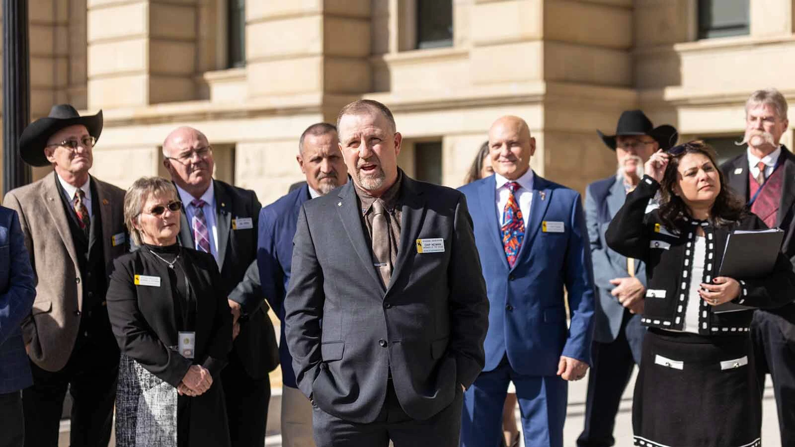 House Speaker Chip Nieman and other Wyoming Freedom Caucus members outside the Capitol during this year's legislative session.