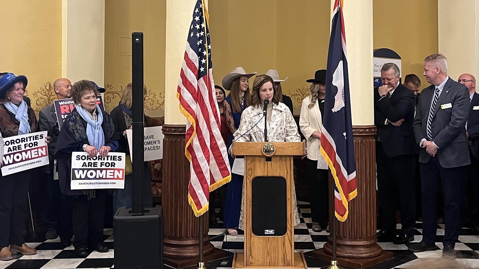 Attorney Cassie Craven, who represents former University of Wyoming sorority members in their legal fight over a transgender member, speaks during a Wyoming Freedom Caucus press conference on Jan. 7, 2025.