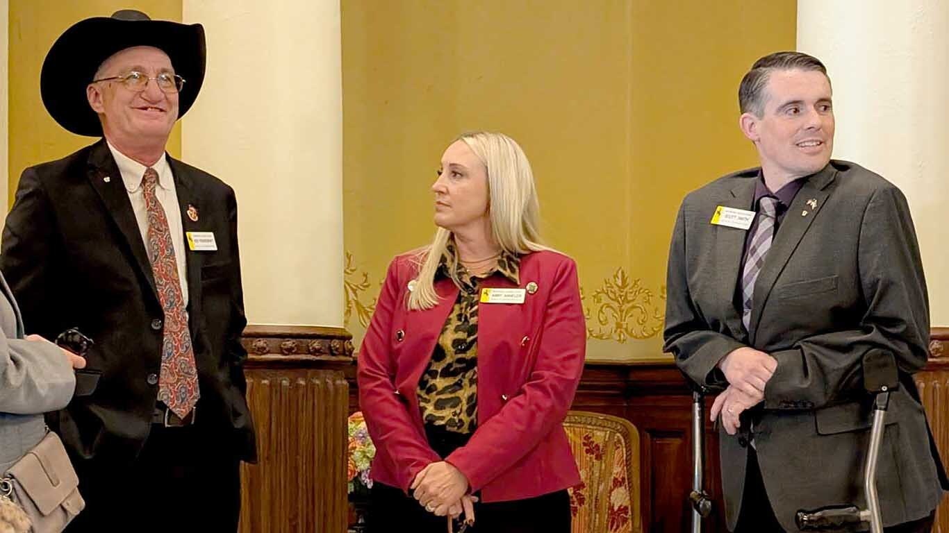 Wyoming state Reps. Ken Pendergraft, from left, Abby Angelos, and Scott Smith during a press conference at the Wyoming Capitol on Thursday, Oct. 30, 2025.