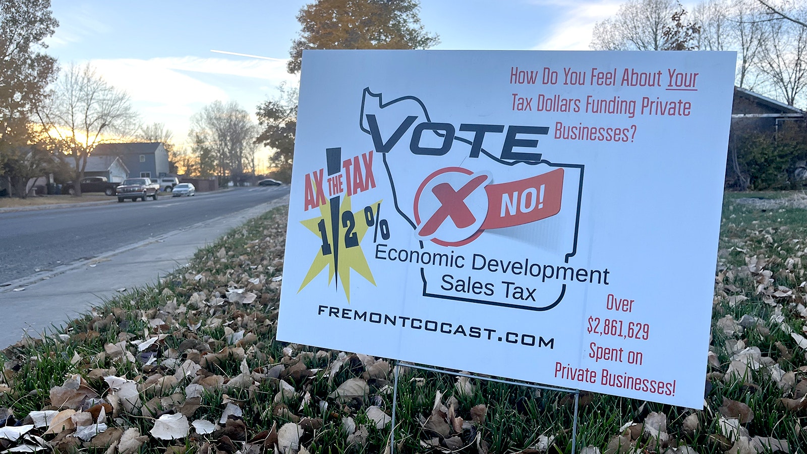 A sign urging people to vote "no" on a half-cent tax question on the Fremont County, Wyoming, ballot.