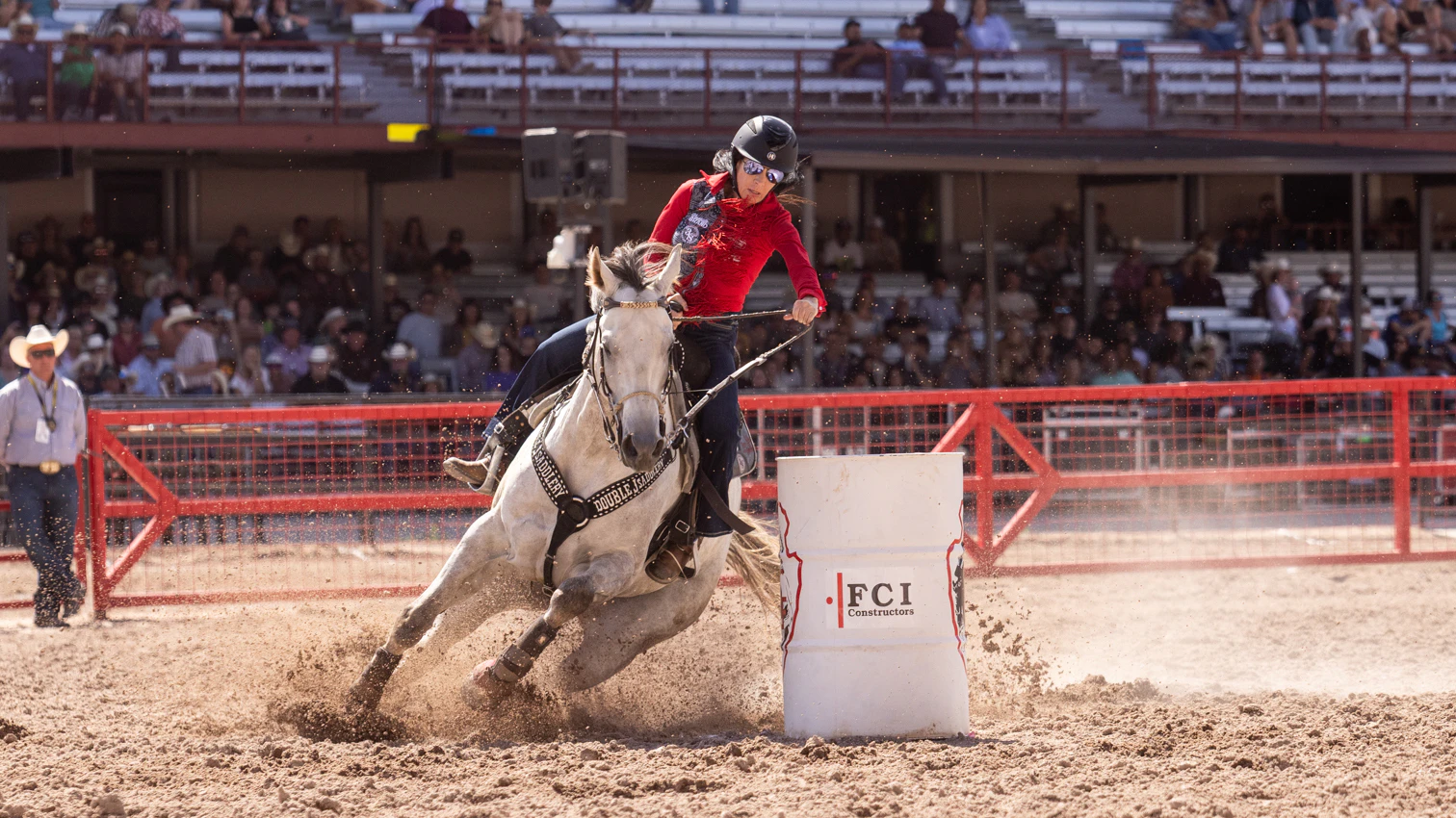 Anita Ellis, from Blackfoot, Idaho, runs the barrels for a time of 17.87 seconds at the Cheyenne Frontier Days Rodeo in its first day Friday, July 17, 2026.