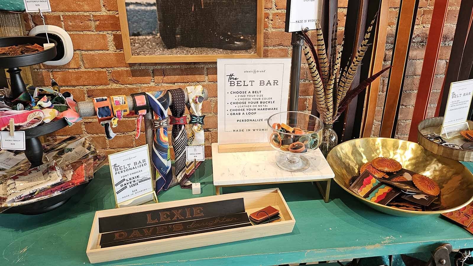 The belt bar, similar to a hat bar, offers a selection of buckles and other items to glam up a one-of-a-kind belt.