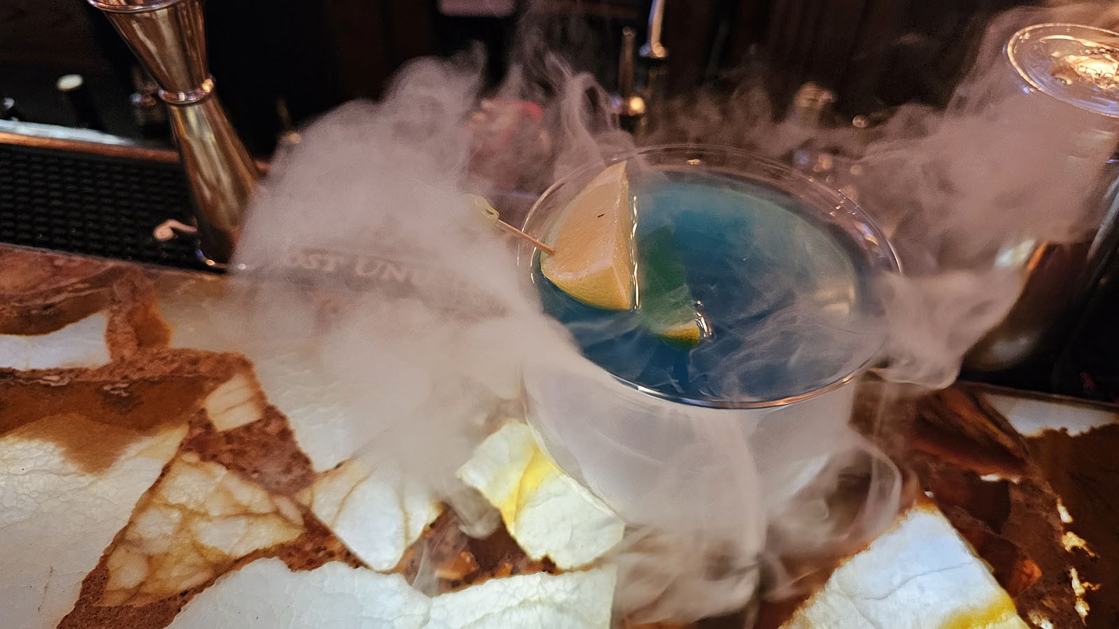 A smoking “dead guy” cocktail was among the creative drink options during Frozen Dead Guy Days in Estes Park, Colorado.