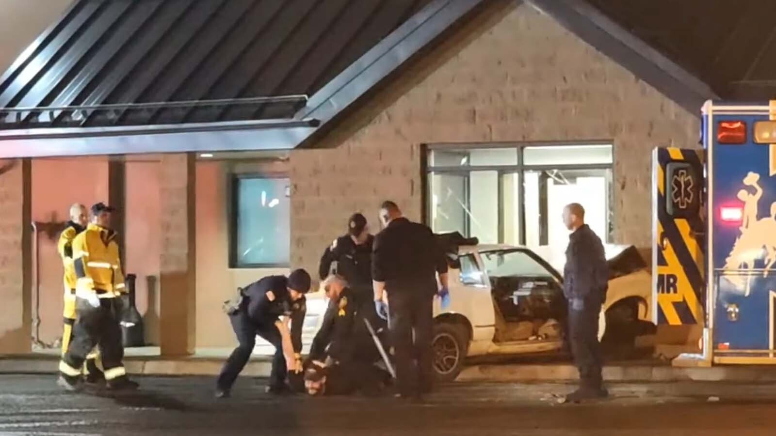 A man who was allegedly high and drunk drove his Chevy Monte Carlo into the Sierra Trading Post Fulfillment Center building in Cheyenne.