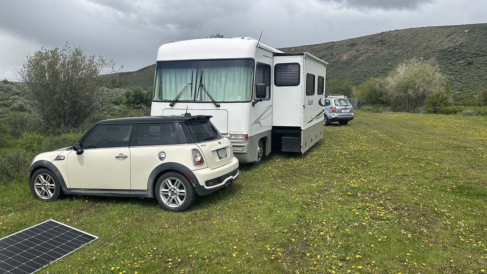 A pair of 200-watt solar panels is enough to keep John and Carmen Campa's RV lifestyle going. Here they're camped along the Green River in Sublette County, Wyoming.