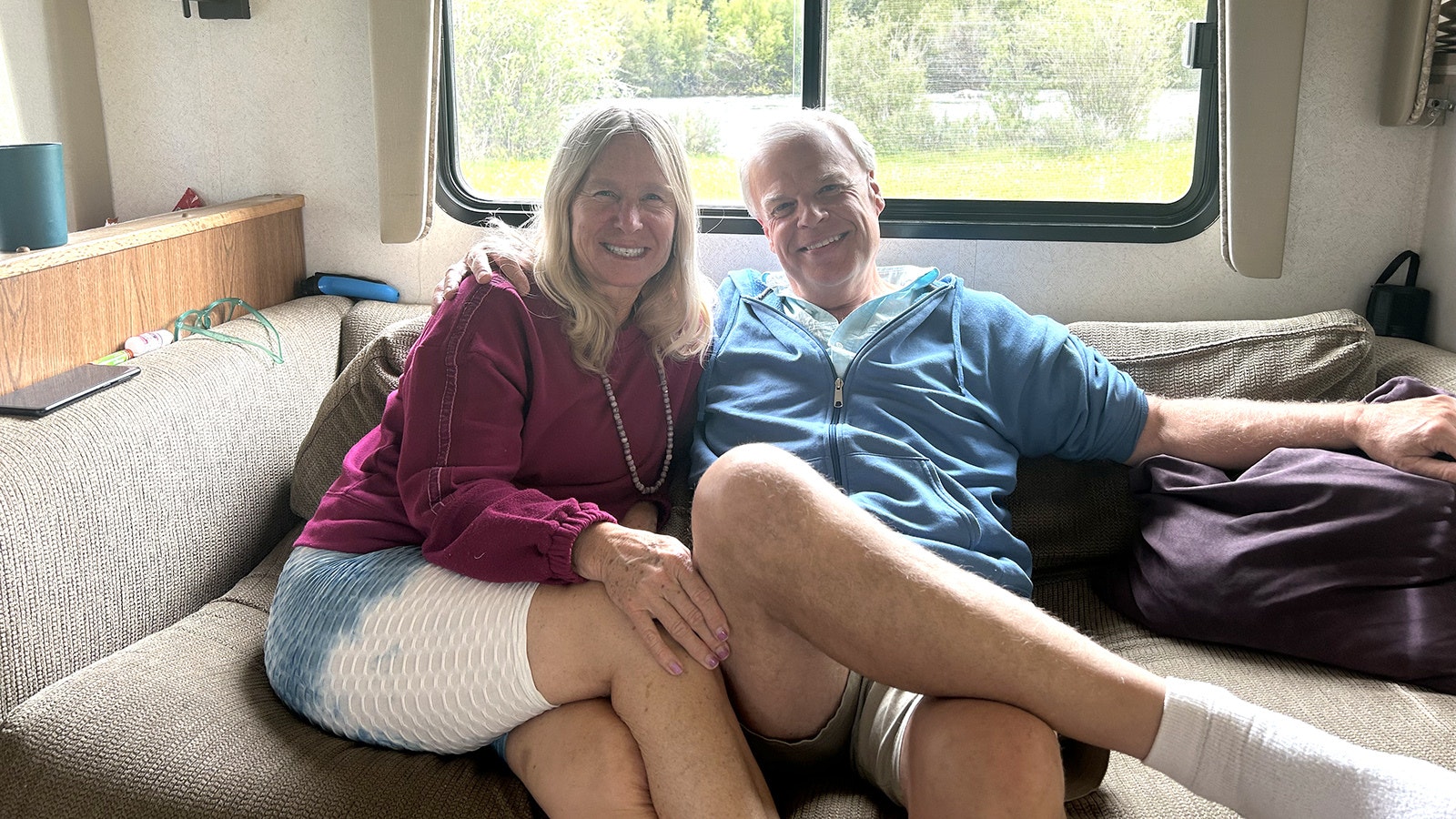 Carmen and John Campa in their RV home. They live simply off-grid, and love spending much of their summers in Wyoming.