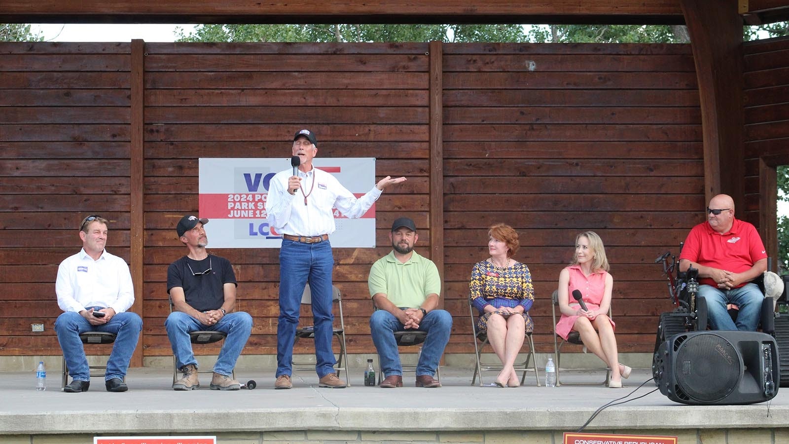 Republican candidates for Cheyenne state Senate gather on stage Wednesday evening, July 10, 2024, for a political forum.