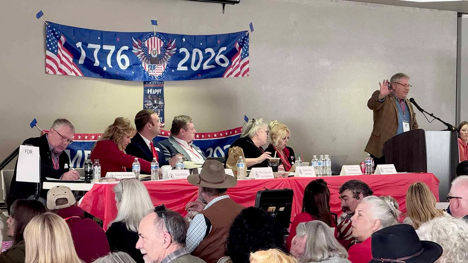 Wyoming Republican Party Chairman Bryan Miller, far right, opens Saturday's final day of the 2026 Wyoming Republican Party Convention on the state fairgrounds in Douglas.