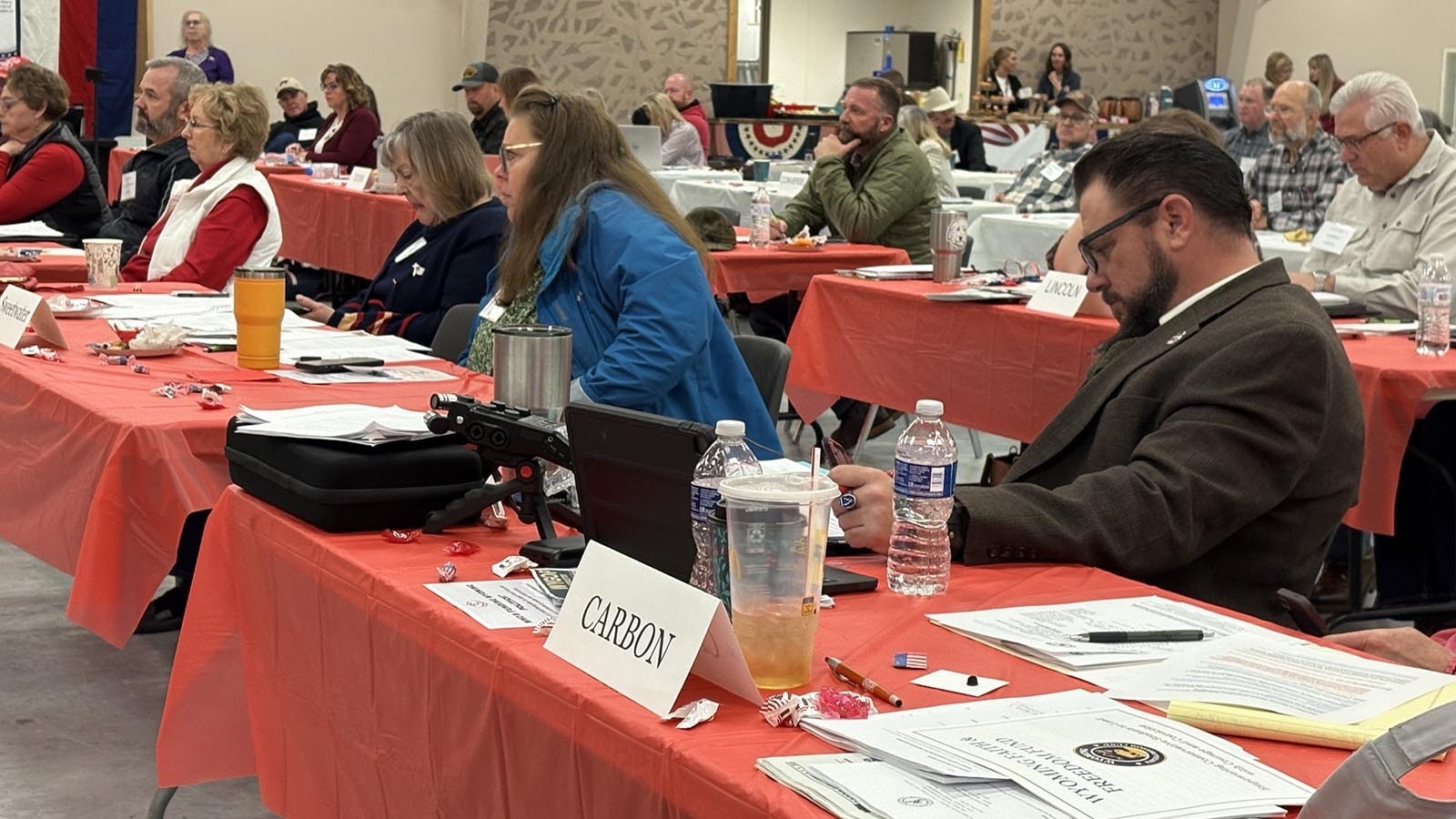 County delegates work during Saturday's state GOP meeting in Torrington.