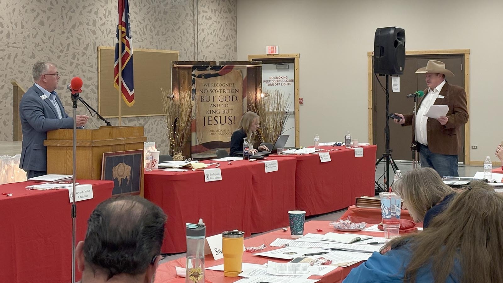 Wyoming GOP Vice chair Bob Ferguson, right, talks with national committeeman Corey Steinmetz during Saturday's state party meeting in Torrington.