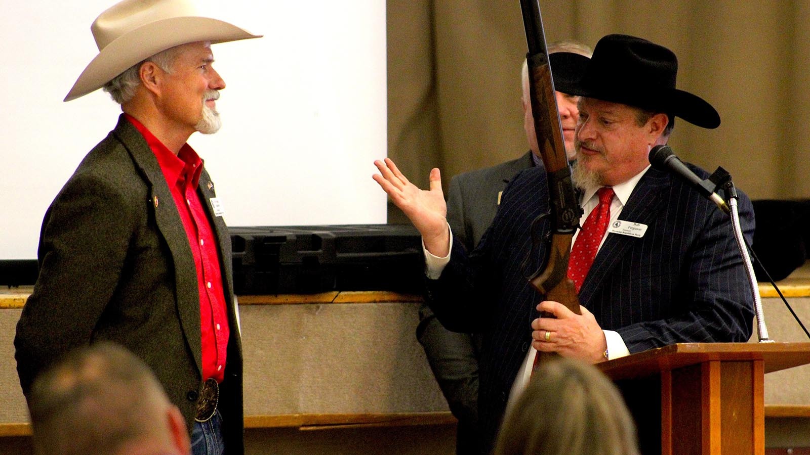 Wyoming GOP outgoing Chairman Frank Eathorne, left, urged the state party members to pay attention to an ongoing lawsuit with four members of the Hot Springs Republican Party.