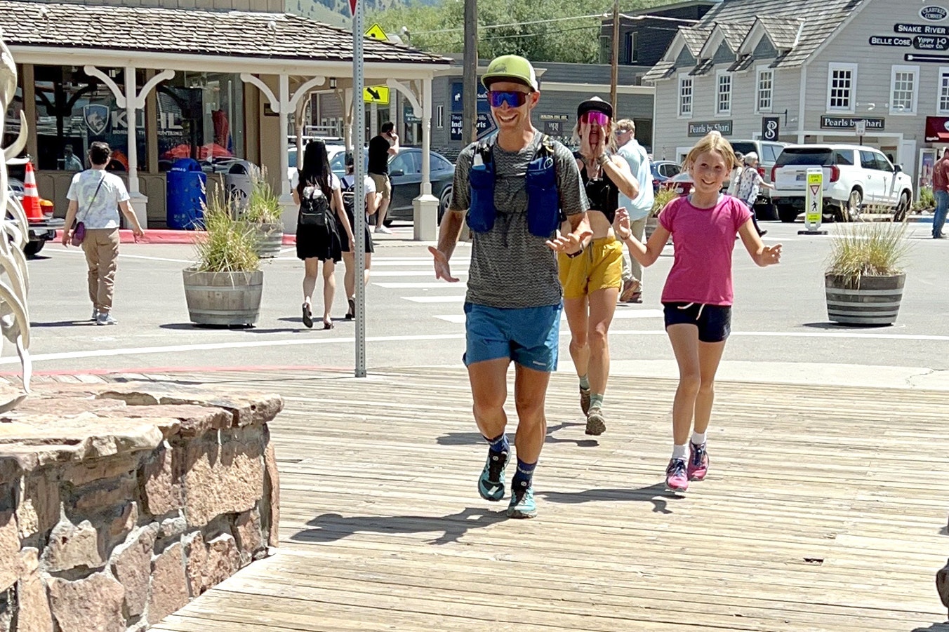 Gabe Joyes of Lander sports a huge smile as he hits Jackson Town Square at the completion of a 180-mile trail run that started in Lander.