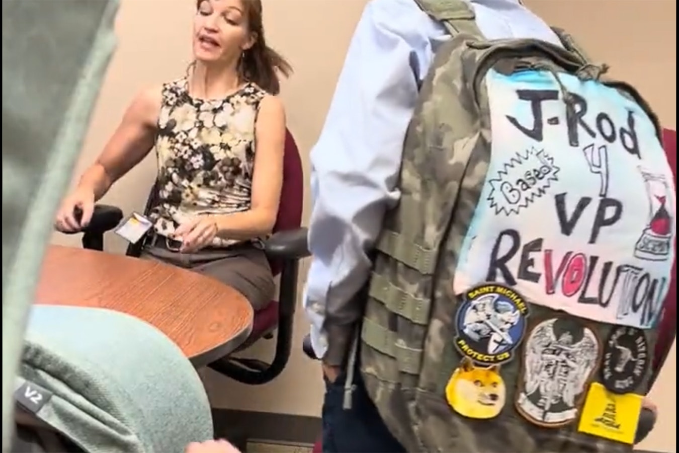 A Colorado Springs seventh grader wasn't allowed in class because of a small "Don't Tread On Me" flag patch on h is backpack, seen in this screenshot from a video posted to X (formerly Twitter) by his mother.
