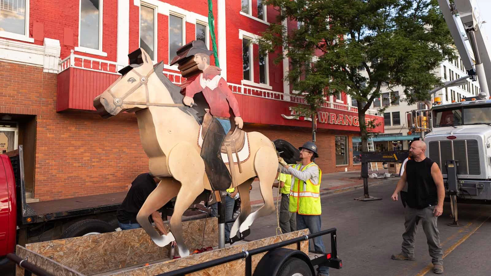 A repaired and refurbished Galloping Horse was put back into place about the entrance to The Wrangler in downtown Cheyenne on Thursday, July 16, 2026.