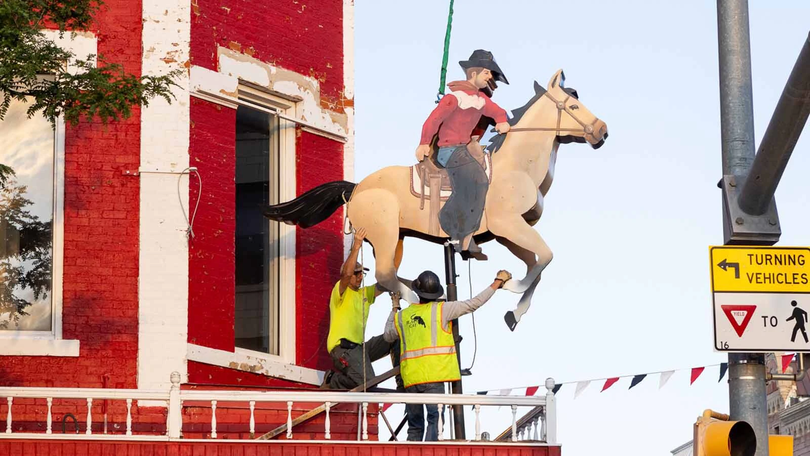 The Galloping Horse is galloping again — or at least it will be when someone at The Wrangler turns the power on. After years of being inoperable, the iconic 400-pound folk art cowboy was fixed, refurbished and put back in place Thursday morning.