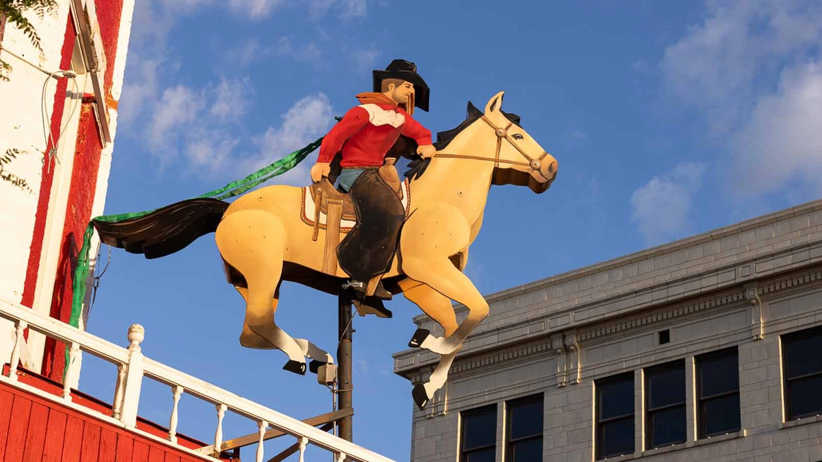 A repaired and refurbished Galloping Horse was put back into place about the entrance to The Wrangler in downtown Cheyenne on Thursday, July 16, 2026.