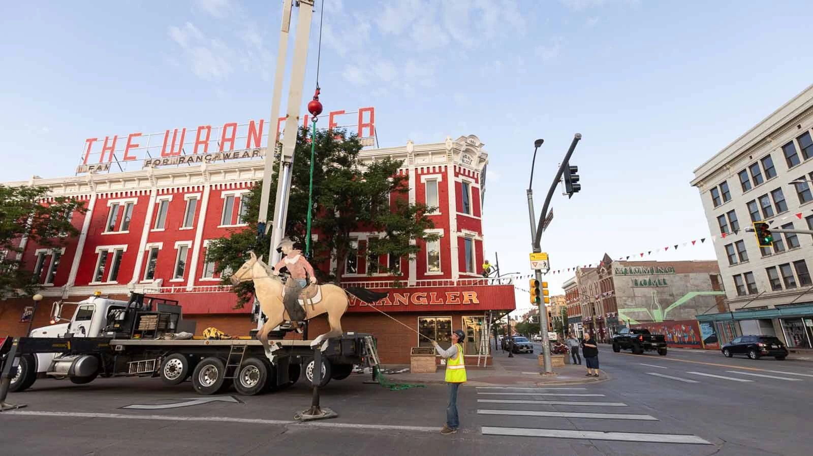 A repaired and refurbished Galloping Horse was put back into place about the entrance to The Wrangler in downtown Cheyenne on Thursday, July 16, 2026.