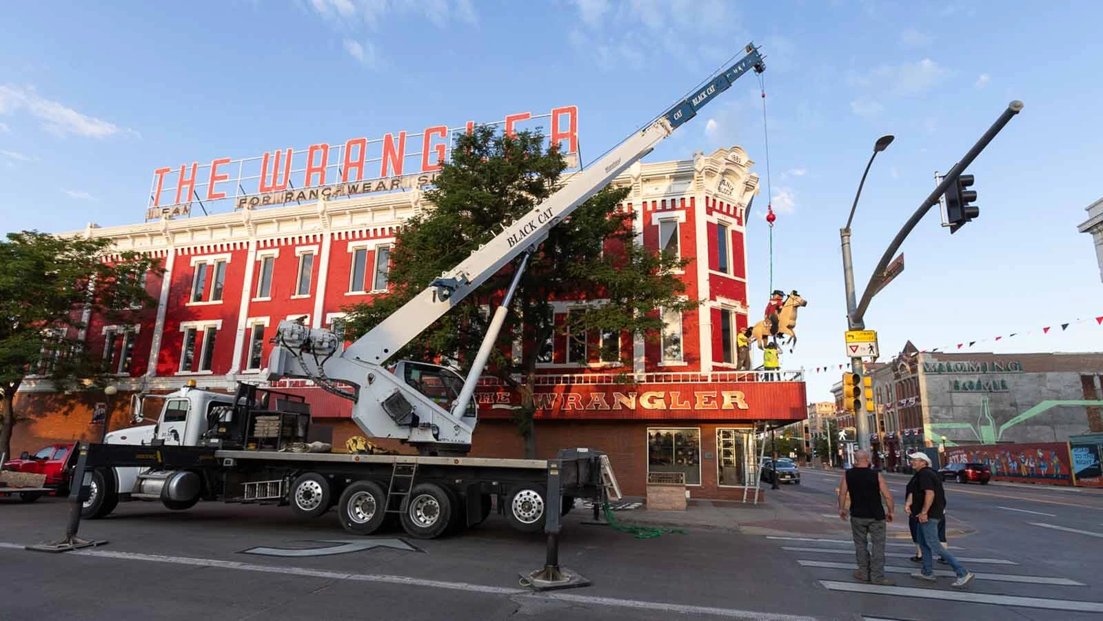 A repaired and refurbished Galloping Horse was put back into place about the entrance to The Wrangler in downtown Cheyenne on Thursday, July 16, 2026.