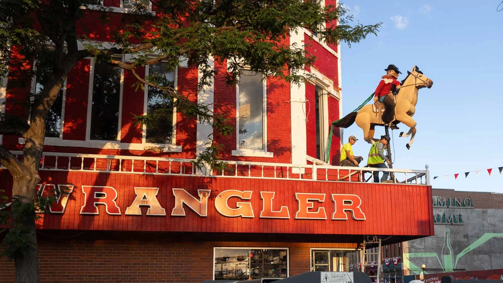 A repaired and refurbished Galloping Horse was put back into place about the entrance to The Wrangler in downtown Cheyenne on Thursday, July 16, 2026.