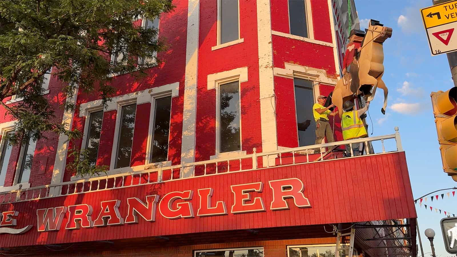 The Galloping Horse is galloping again — or at least it will be when someone at The Wrangler turns the power on. After years of being inoperable, the iconic 400-pound folk art cowboy was fixed, refurbished and put back in place Thursday morning.