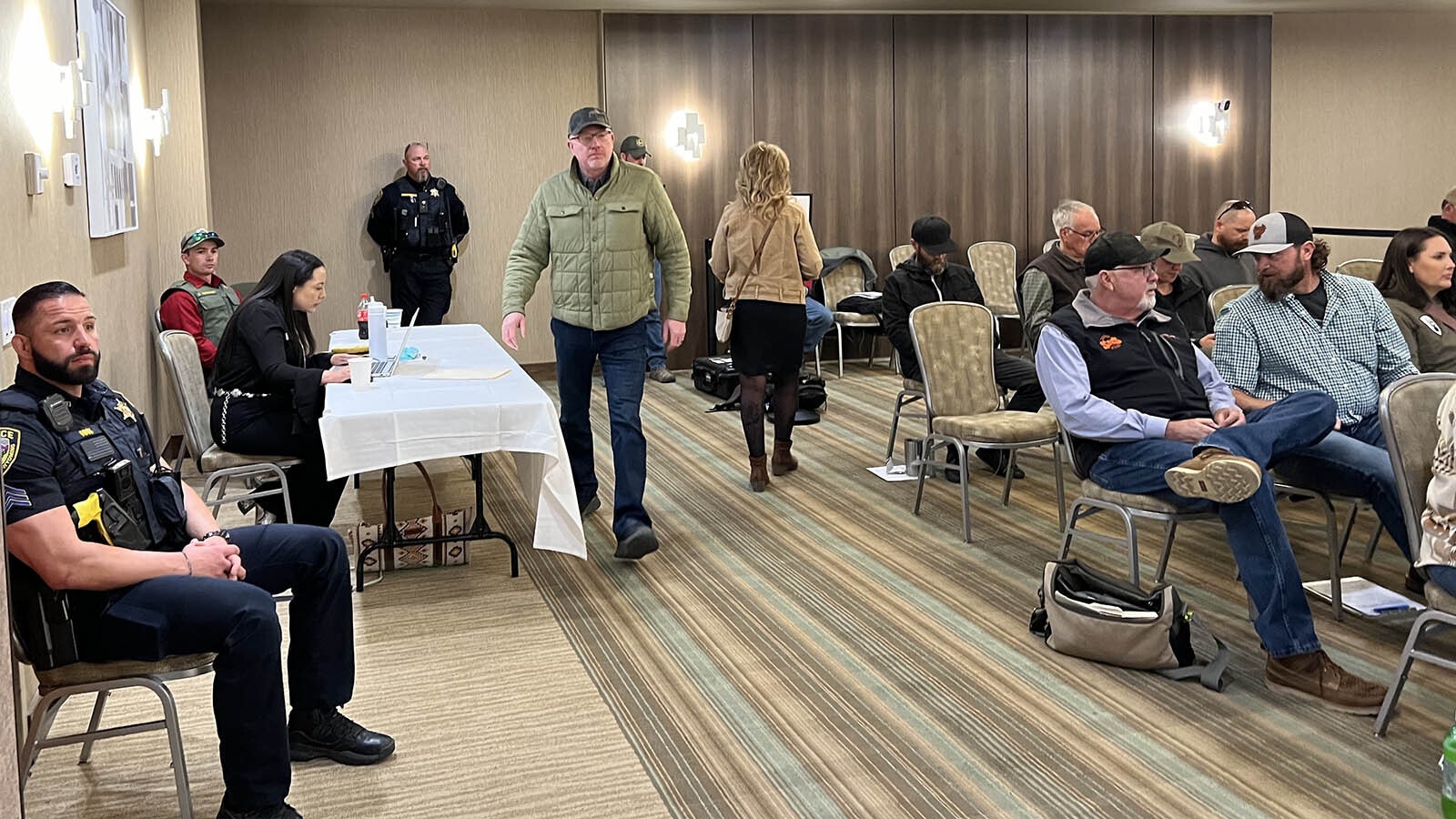 Law enforcement officers from several agencies, along with Game and Fish Wardens, provided security at a meeting of the Wyoming Game and Fish Commission meeting Wednesday in Riverton.