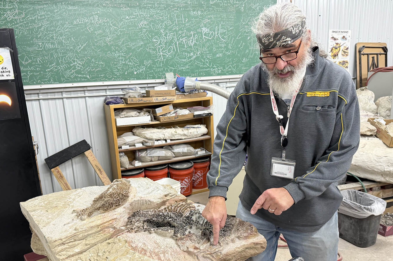 Cavigelli points out the marks left in the sandstone by a rock saw. Cavigelli, a paleontologist working at the Tate Geological Museum, plans to return to the place where this block was found to hopefully find more well-preserved fossils from the Wasatch Formation, which could reveal crocodiles, turtles, fish and other animals.