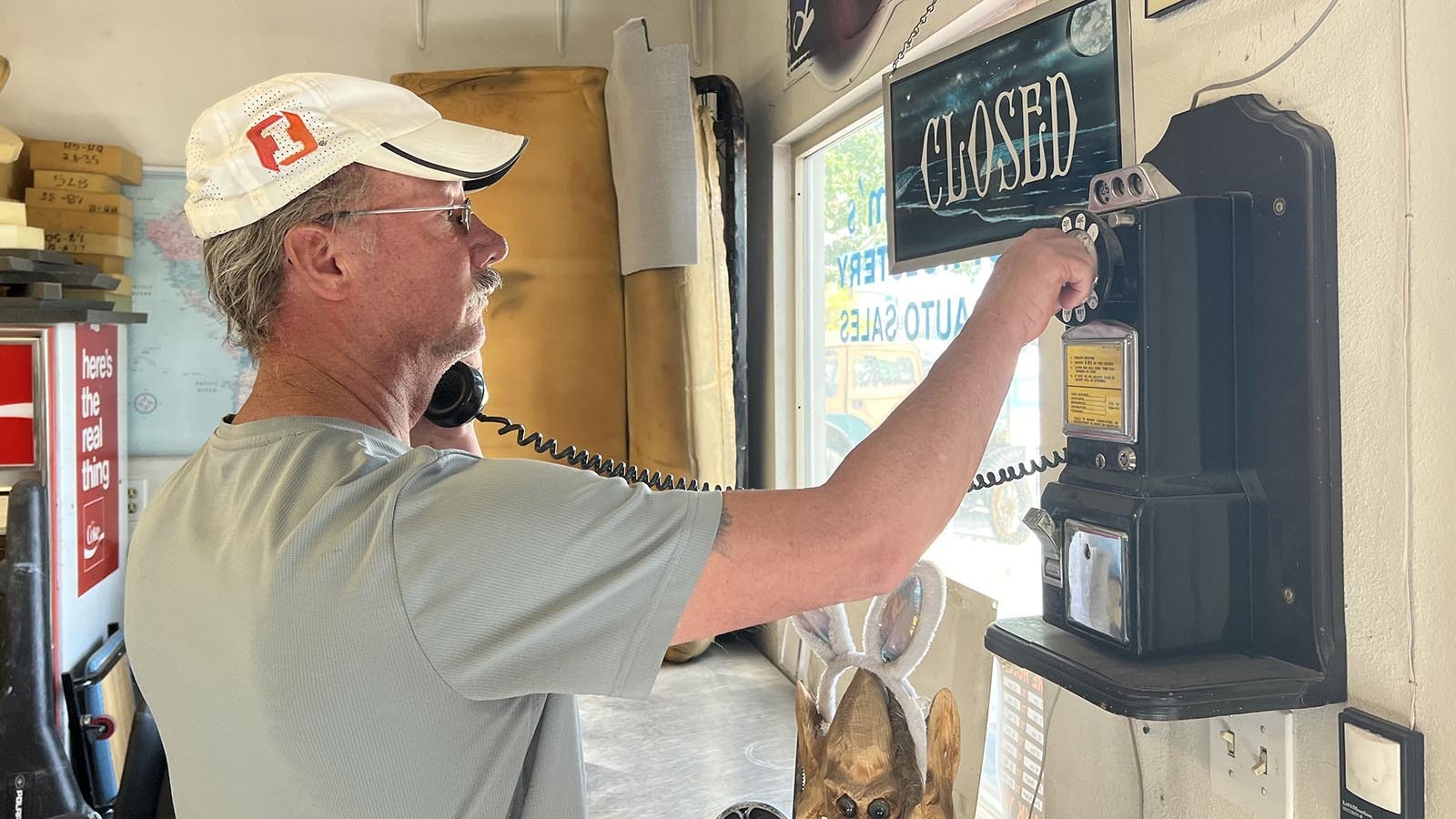 A vintage pay phone in Gary McKim’s shop in West Laramie actually works. He can make and receive calls on it.