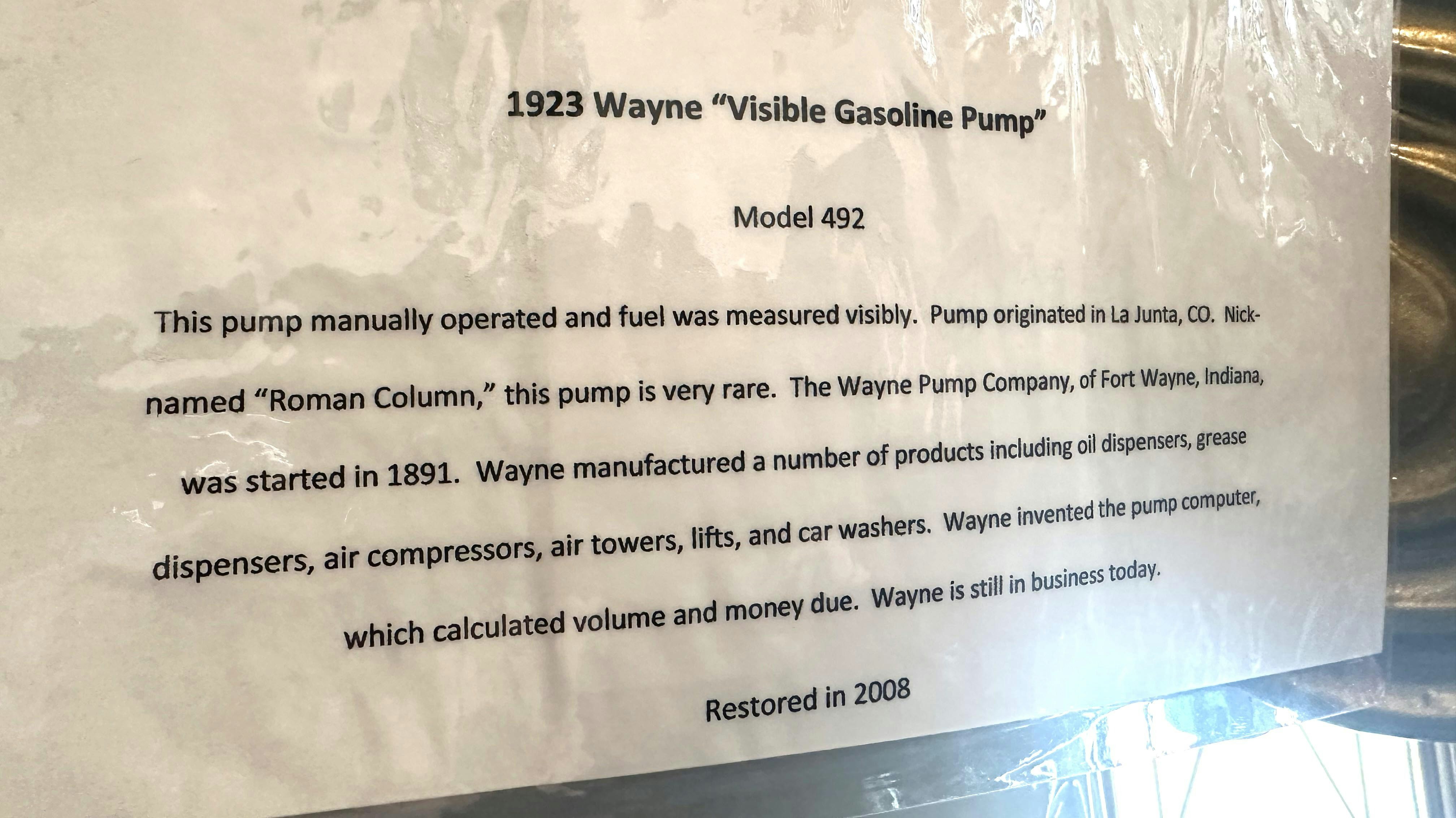 Randy Nissen’s children requested information on each gas pump so now, each pump has its own informational placard telling them what the pump is and what year it was restored.