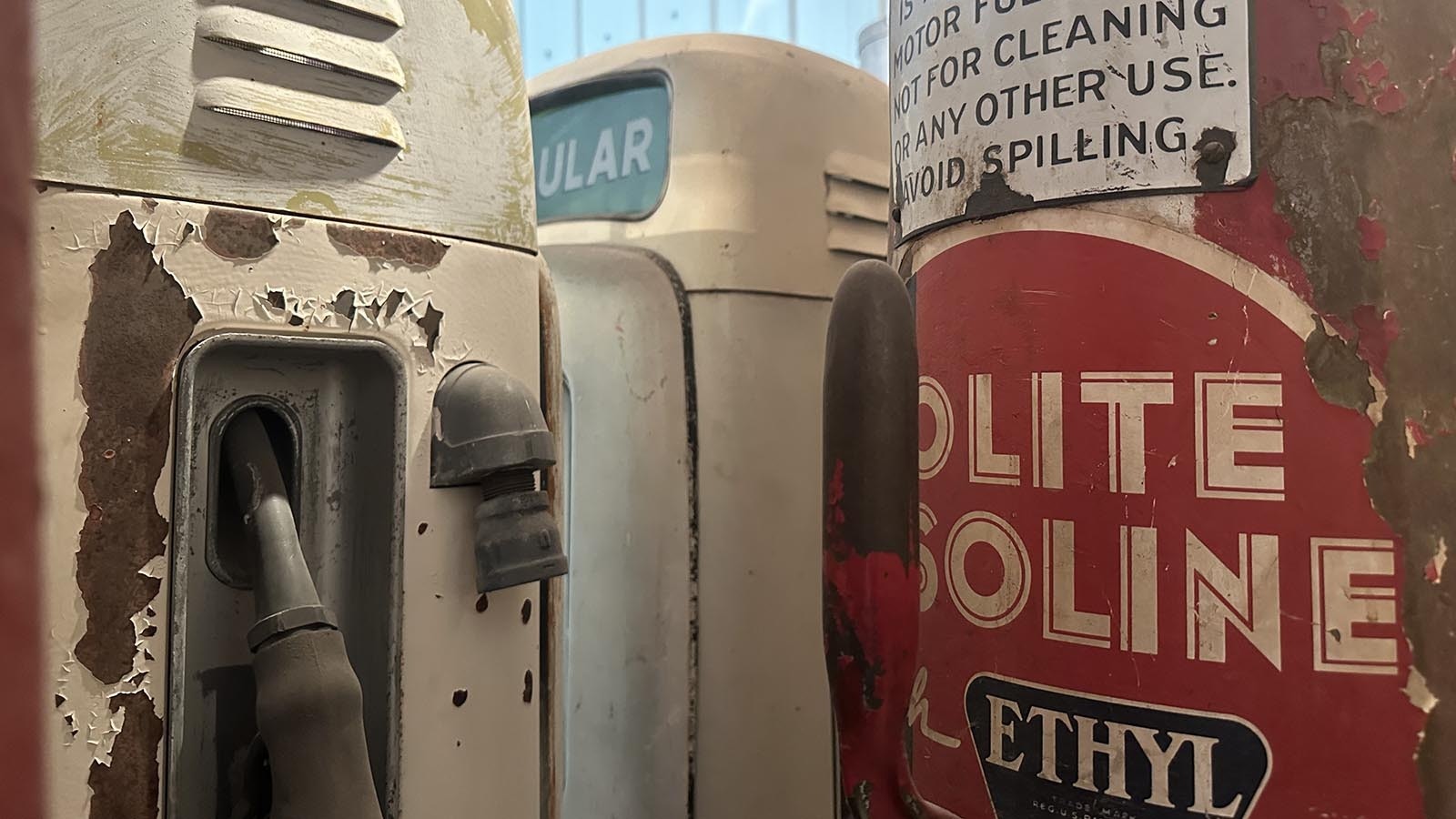 The gas pumps come in varying degrees of rust and their beauty is in the eye of the beholder.