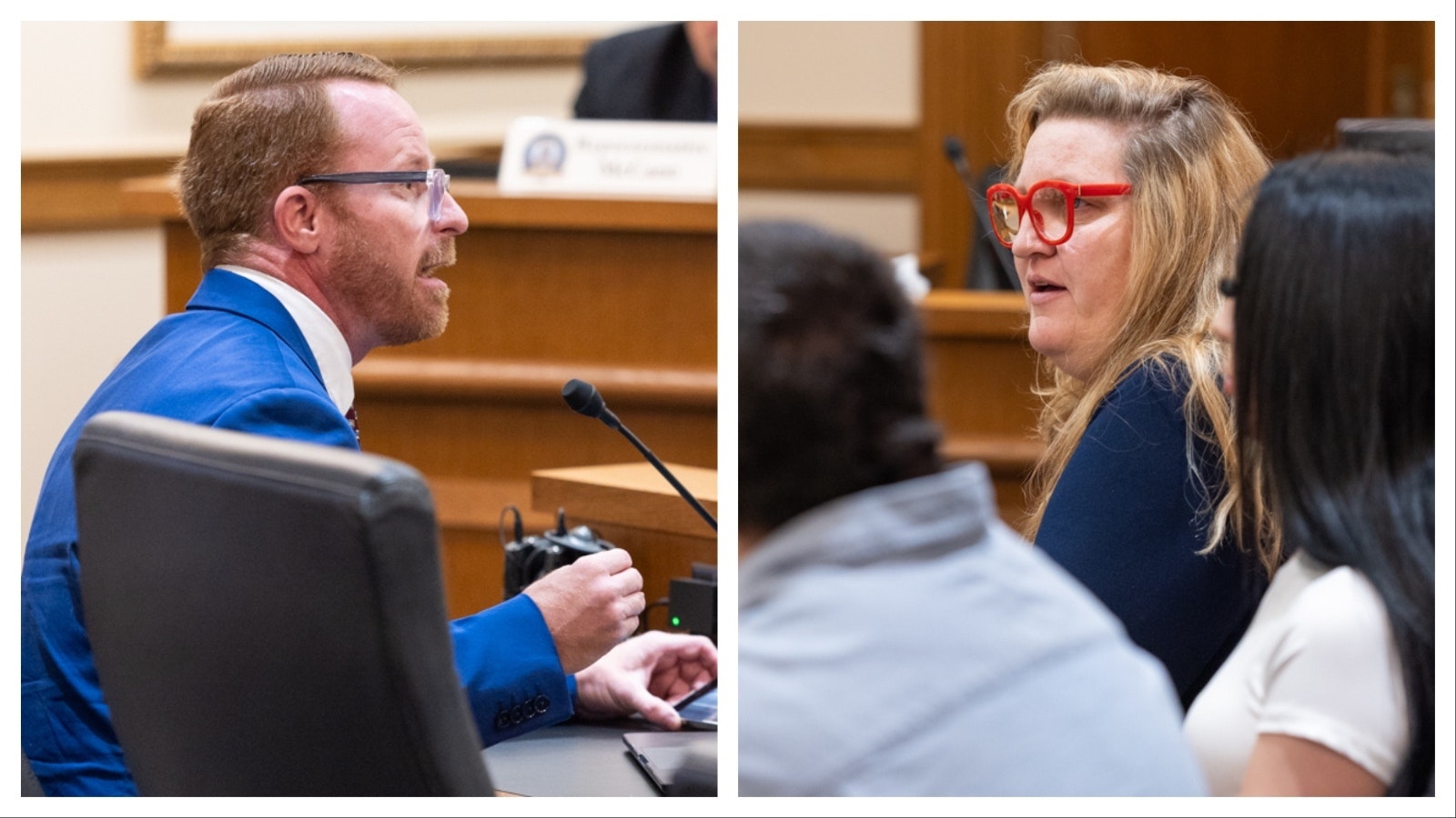 Left: Dr. Rich Guggenheim, director of legislation for Gays Against Groomers testifies in favor of House Bill 32 on Jan. 15, 2025. Right: Wyoming Equality Executive Director Sara Burlingame testifies against HB 32.