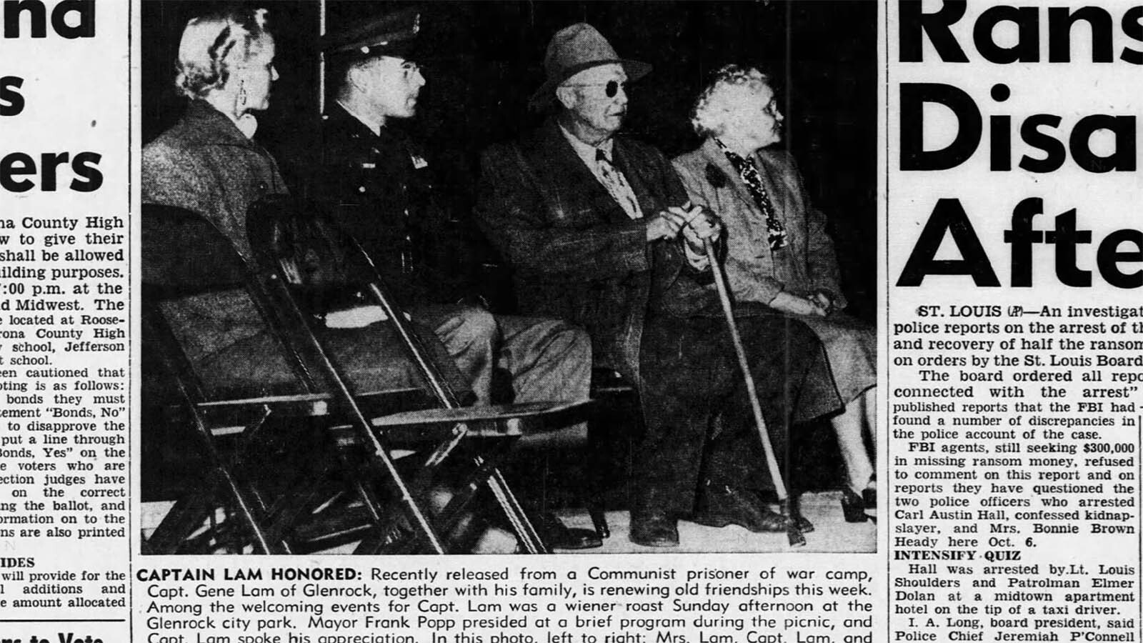 Capt. Gene Lam, M.D., was honored in Glenrock, Wyoming, with a hot dog roast in the park following his return from three years as a captive of the Chinese. The photo here was published in the Casper Tribune-Herald.