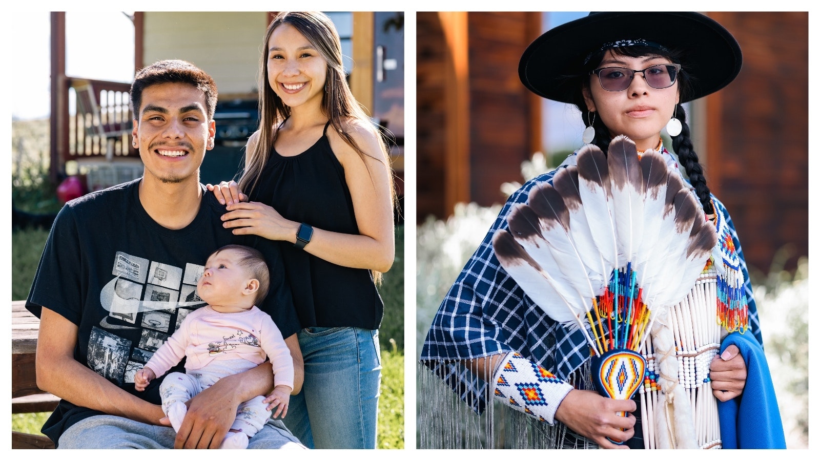 Left, Halle Robinson and Hudda Curry had daughter Hayzlee during filming for a documentary about young adults on the Wind River Reservation. Right, Gene Trosper wears Native American Regalia. She is one of eight participants in "Generation Warrior."