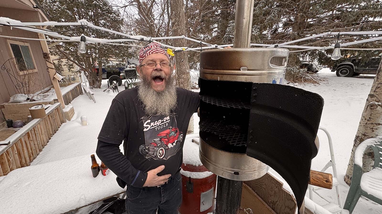 One of Geno Stecks' redneck engineered creations is this smoker on his front porch. It's made from an old wood stove, beer keg and exhaust pipe. He says it works "awesome."