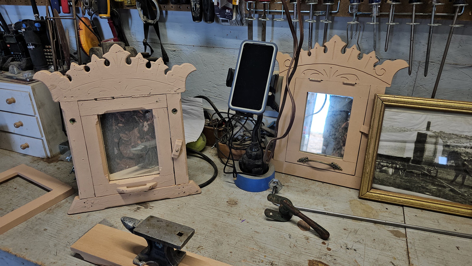 These Basque-inspired mirrors are placed inside each sheep wagon George Clark builds as a thank you gift to his customers.