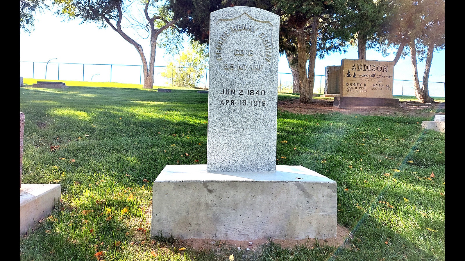 The new headstone for George Henry Eighmy in Mount Pisgah Cemetery in Gillette, Wyoming.