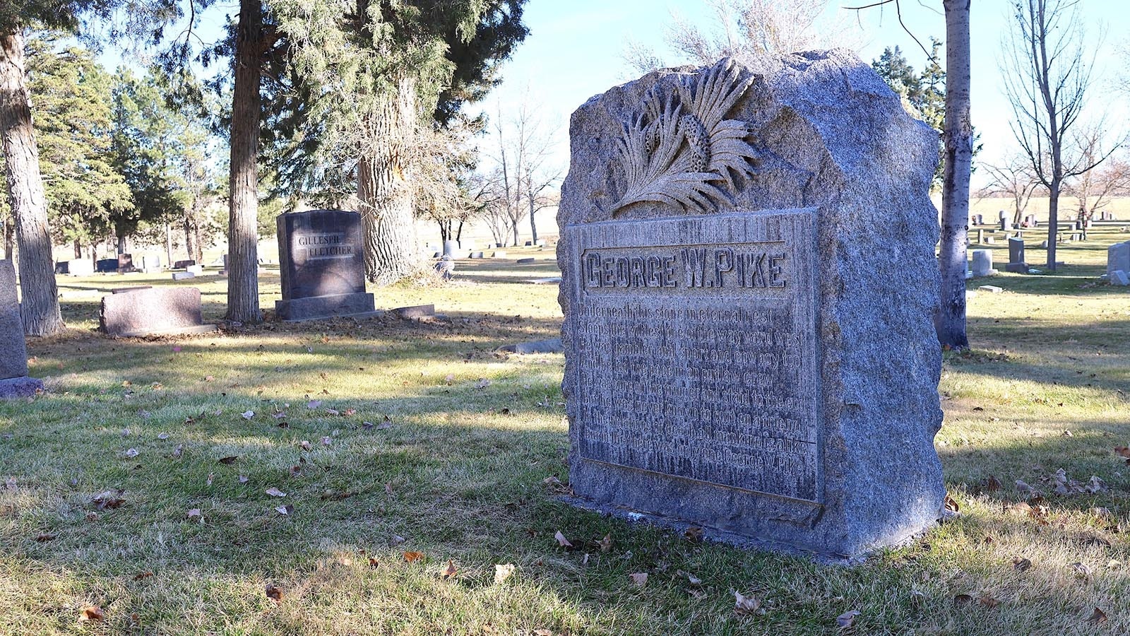 George Pike’s gravestone rests in Douglas’ Park Cemetery, a tribute from rancher and friend Lee Moore.