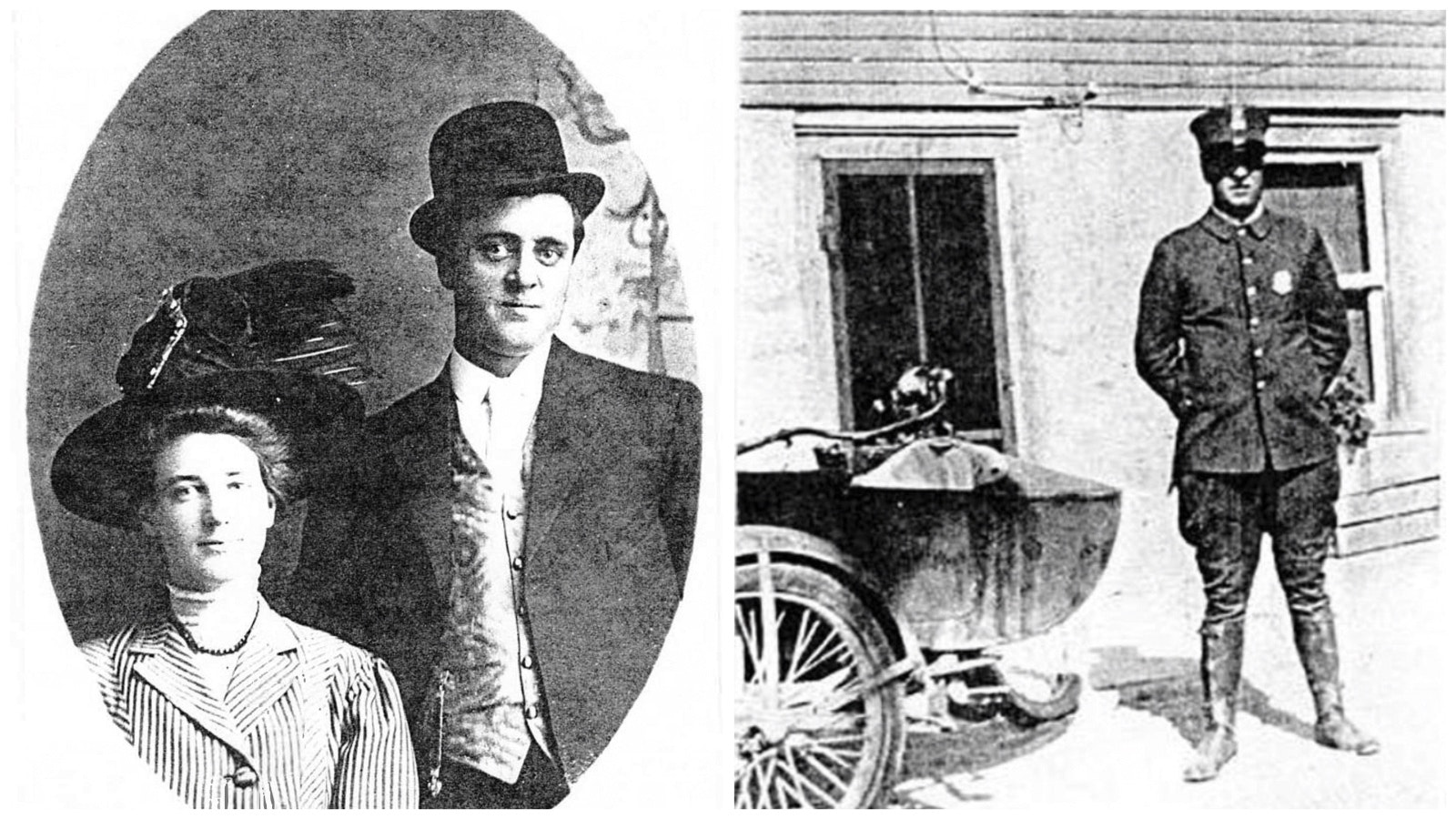 Left, George Radden and his wife, Caroline, in 1908. Right, A photo of George Radden in 1925 next to his motorcycle.