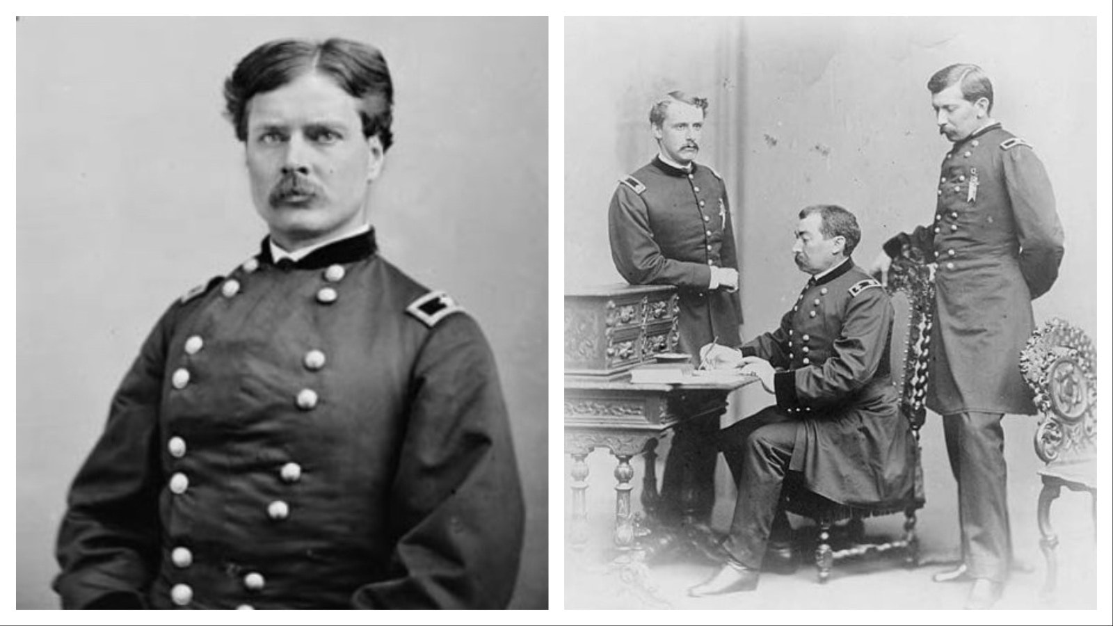 Gen. George A. "Sandy" Forsyth, left, was a major when he wrote his 1877 journal detailing a march across Wyoming a year after the battle at Little Bighorn. Right, Gen. Phillip Sheridan, seated, with his officers Forsyth, left, and James W. Forsyth during service in the Civil War, ca. 1861-1865. All three men were later on the 1877 expedition through Wyoming.