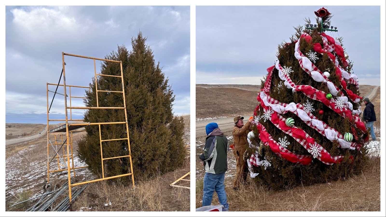 For the 15th year, German Segura has decorated a lone tree in the median of Interstate 90 between Sheridan and Billings, Montana.