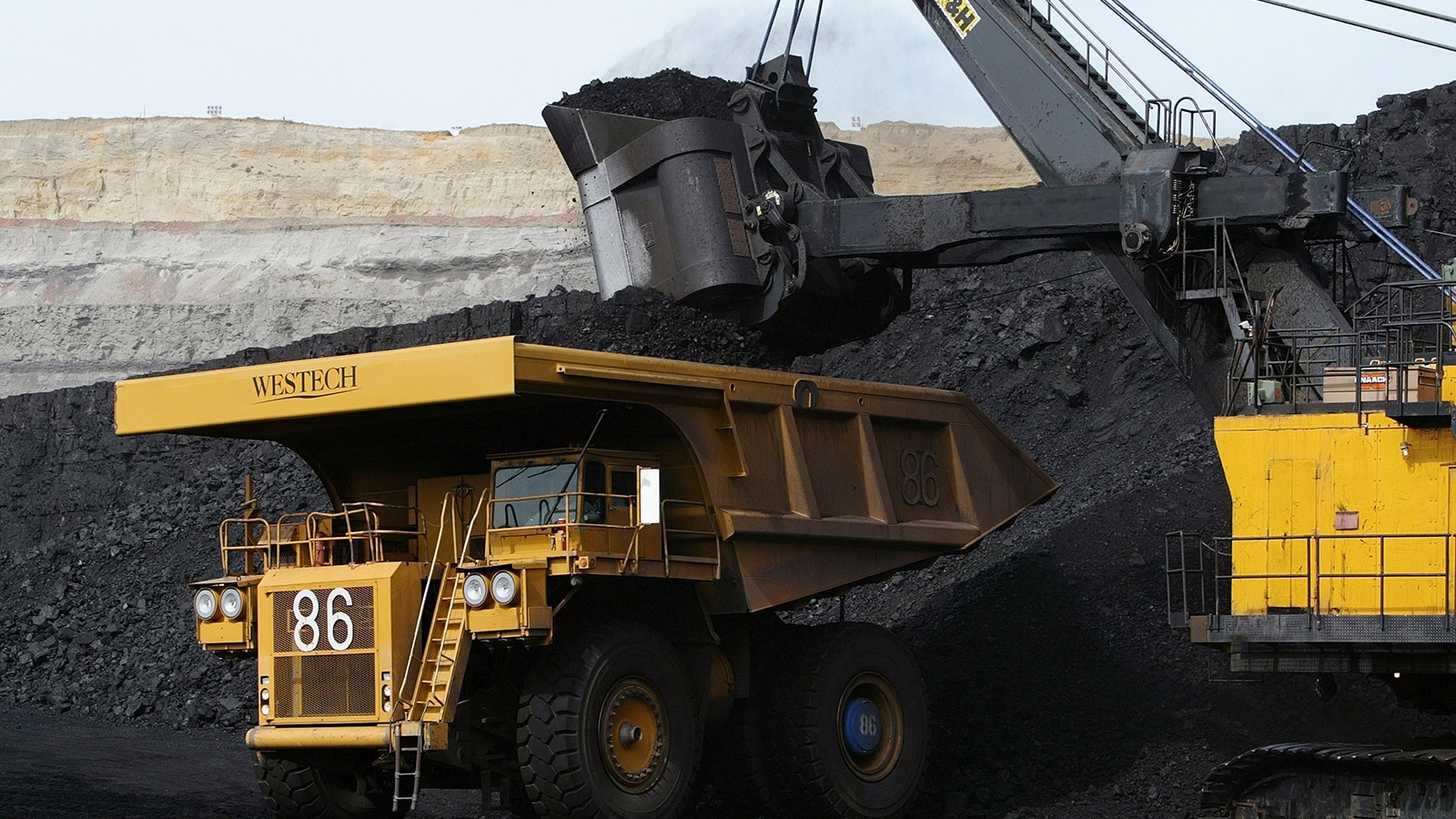 I large shovel fills a 200-ton haul truck with coal at the Buckskin mine in Campbell County, Wyoming, in this file photo.